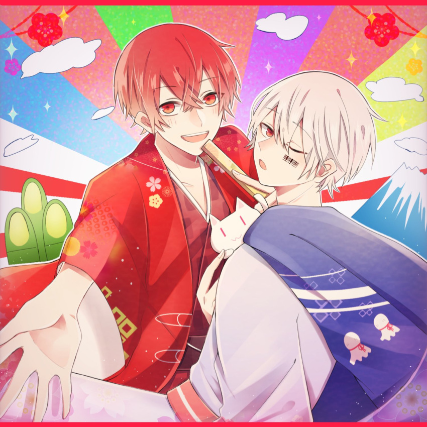 aho_no_sakata, asamoya_1225, bamboo, barcode_tattoo, highres, japanese_clothes, kimono, mafumafu, niconico, open_mouth, red_eyes, redhead, tattoo, transparent_background, urashimasakatasen, volcano, white_hair, yukata