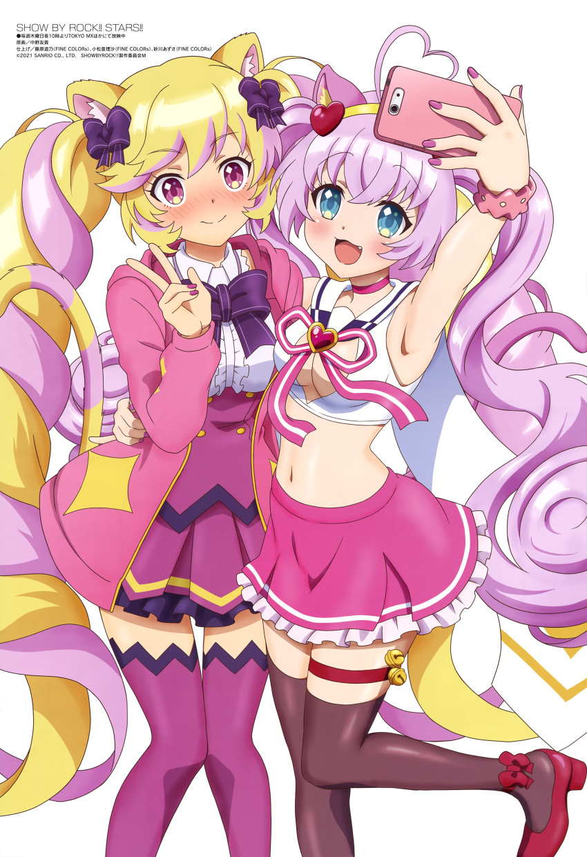 2020s_(style), 2girls, absurdres, animal_ears, armpits, blonde_hair, bow, bowtie, cat_ears, cat_girl, cellphone, copyright_name, fang, garters, hair_bow, high_heels, highres, holding, holding_phone, long_hair, mashima_himeko_(show_by_rock!!), megami_magazine, midriff, multiple_girls, nail_polish, nakano_yuuki, navel, no_bra, official_art, phone, pink_hair, purple_bow, red_bow, red_ribbon, ribbon, rosia_(show_by_rock!!), scan, selfie, show_by_rock!!, smartphone, smartphone_case, tail, thigh-highs, v, very_long_hair