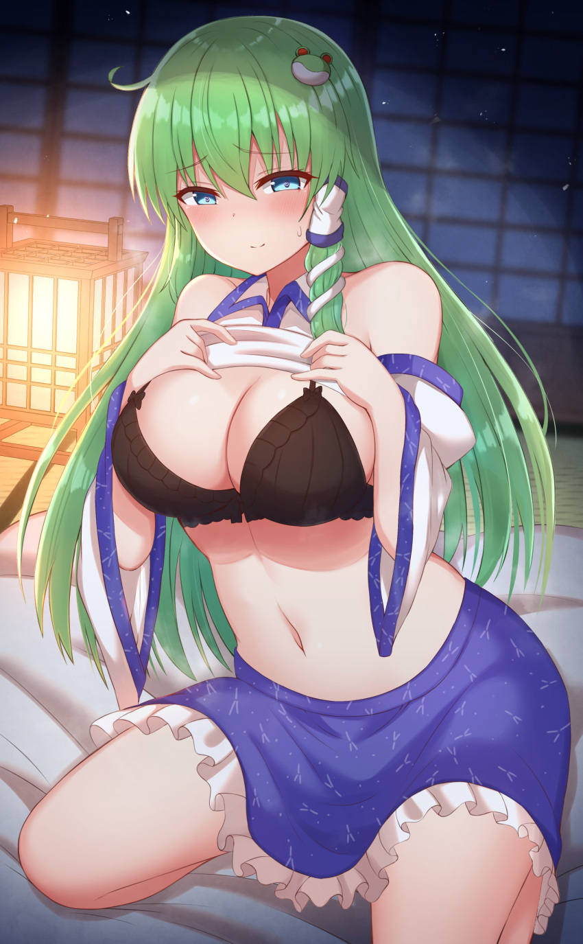 1girl, absurdres, black_bra, blue_skirt, bra, breasts, commentary_request, frog_hair_ornament
