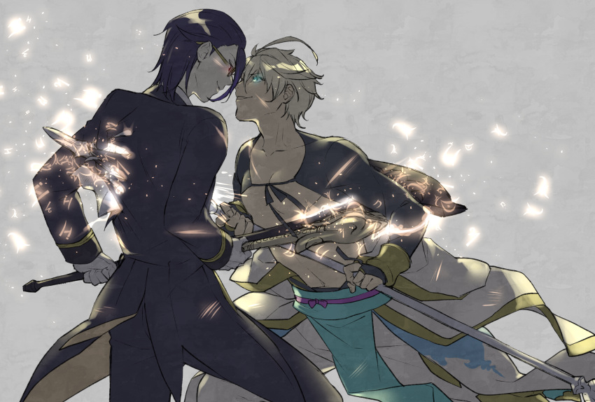 2boys, abs, aladdin_(sinoalice), bare_pectorals, black_hair, blonde_hair, blue_eyes, bridal_gauntlets, butler, collarbone, fighting, formal, gloves, glowing, glowing_eyes, grin, hair_pulled_back, halberd, hameln_(sinoalice), highres, holding, holding_weapon, looking_at_another, male_focus, multiple_boys, nagatekkou, pants, parted_lips, pectorals, polearm, red_eyes, scythe, short_hair, sinoalice, skky3, smile, suit, teeth, waist_cape, weapon, white_gloves