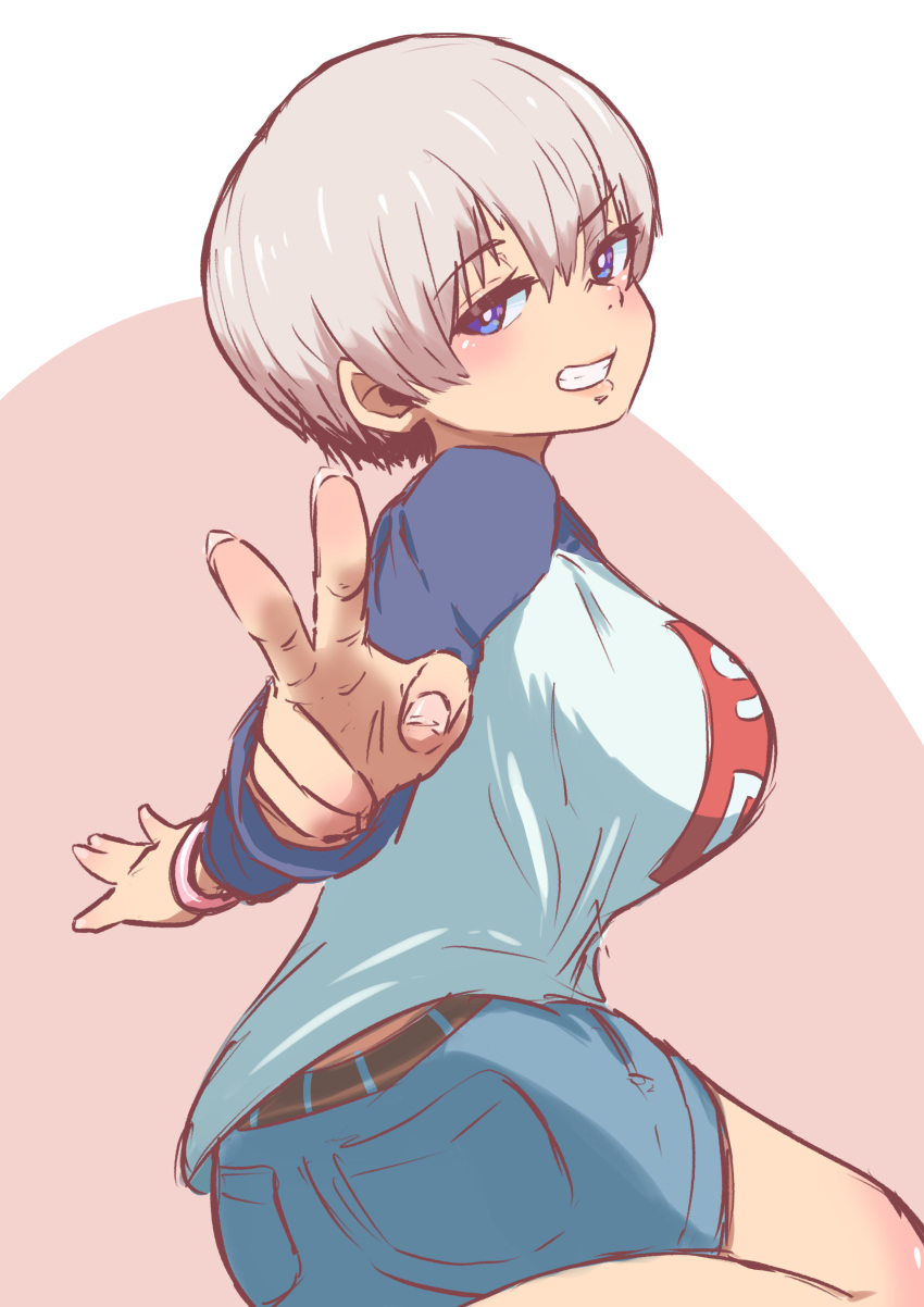 absurdres, bangs, belt, blue_eyes, blue_shirt, blush, breasts, brown_belt, denim, denim_skirt, feet_out_of_frame, gman322, grin, hair_between_eyes, highres, large_breasts, leg_up, looking_at_viewer, looking_back, outstretched_arms, pink_background, raglan_sleeves, reaching_out, shirt, short_hair, silver_hair, skirt, smile, two-tone_background, two-tone_shirt, uzaki-chan_wa_asobitai!, uzaki_hana, v, white_background, white_shirt
