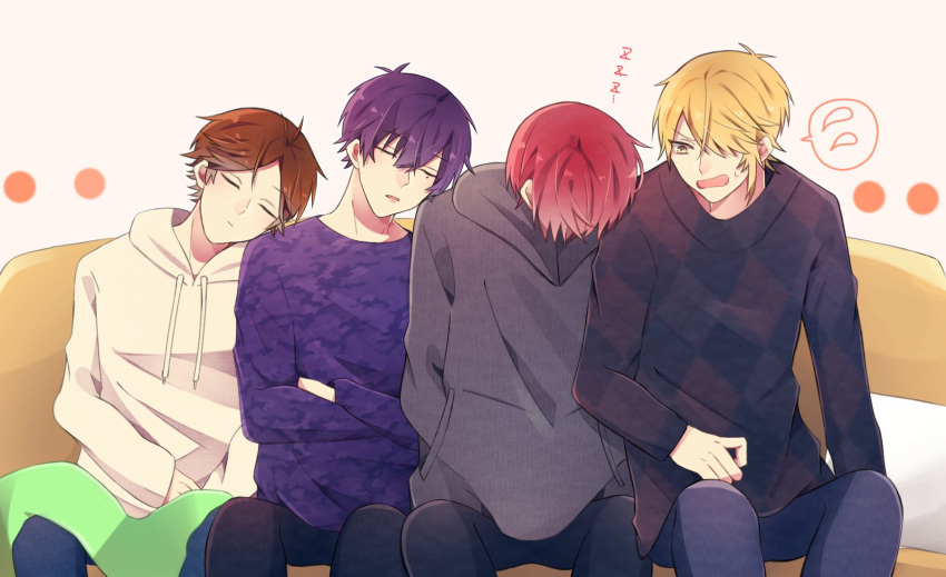 aho_no_sakata, asamoya_1225, blonde_hair, brown_hair, couch, eyebrows_visible_through_hair, highres, hood, hoodie, niconico, purple_hair, purple_shirt, redhead, senra_(singer), shima_(niconico), shirt, sleeping, uratanuki, yellow_eyes