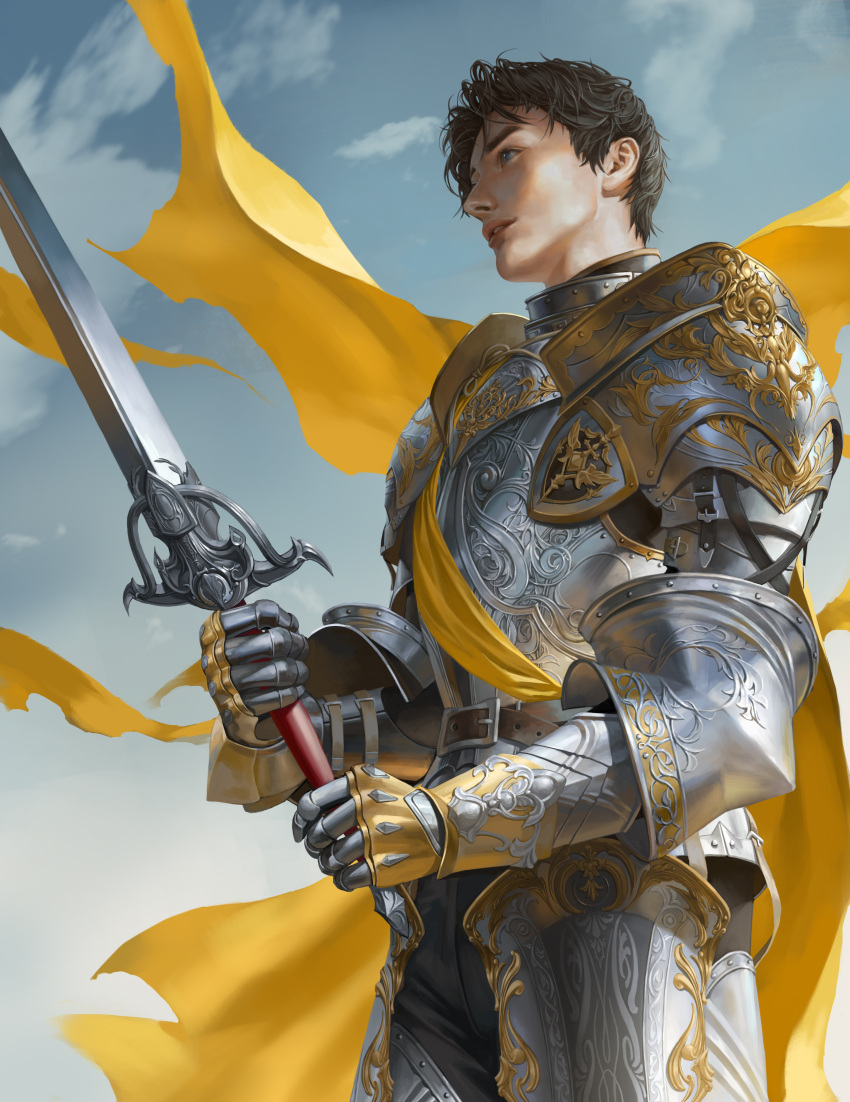 1boy, absurdres, armor, black_hair, blue_eyes, cape, clouds, fantasy, from_side, hair_behind_ear, highres, holding, holding_sword, holding_weapon, knight, male_focus, mam_ba, metal_gloves, nose, original, parted_lips, realistic, sky, solo, sword, weapon, yellow_cape