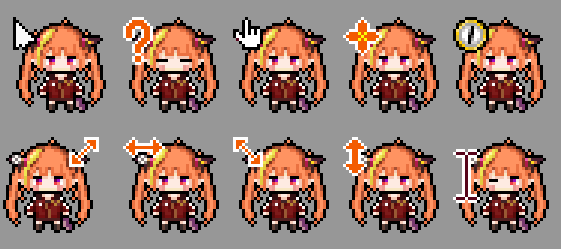 1girl, ?, arrow_(symbol), bangs, blonde_hair, chibi, closed_eyes, commentary_request, cursor, dragon_girl, dragon_horns, dragon_tail, grey_background, hololive, horns, jacket, kiryu_coco, long_hair, morinaga_kokoa, multicolored_hair, multiple_views, official_alternate_costume, one_eye_closed, orange_hair, pixel_art, pointy_ears, red_jacket, simple_background, streaked_hair, tail, twintails, violet_eyes, virtual_youtuber