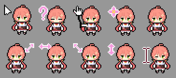 1girl, ?, ahoge, arrow_(symbol), chibi, cursor, green_eyes, holding