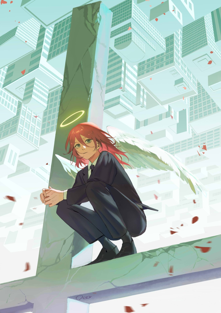 1boy, androgynous, angel, angel_devil_(chainsaw_man), angel_wings, bangs, black_pants, building
