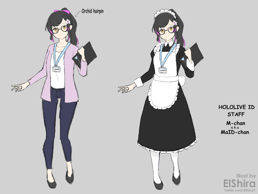 1girl, absurdres, apron, artist_name, bangs, black_dress, black_footwear, black_hair