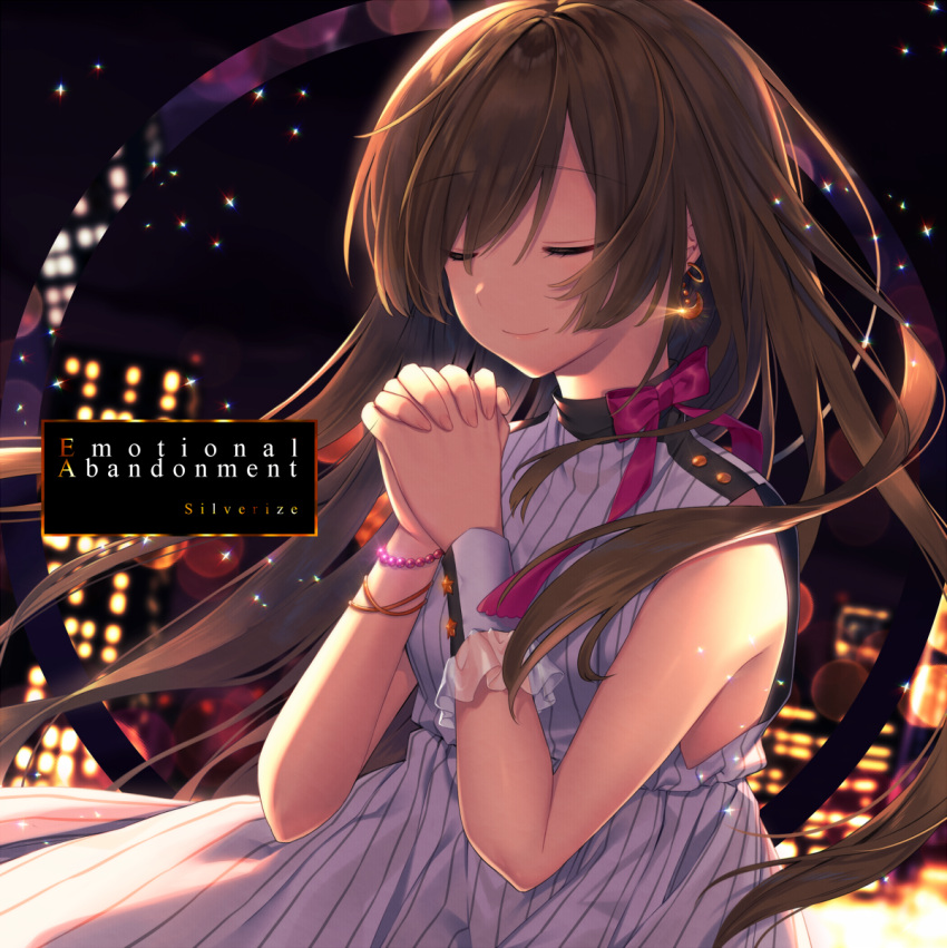 1girl, album_cover, bangs, bead_bracelet, beads, blurry, blurry_background, blush