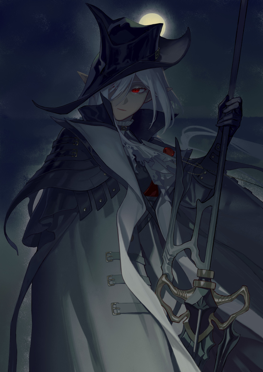 1girl, absurdres, arknights, ascot, black_cape, black_dress, black_gloves, black_headwear, cape, dress, english_commentary, expressionless, gladiia_(arknights), gloves, hair_over_one_eye, hat, highres, holding, holding_sword, holding_weapon, looking_away, misaq, moon, night, outdoors, pointy_ears, red_eyes, sideways_glance, silver_hair, silver_neckwear, sword, upper_body, weapon