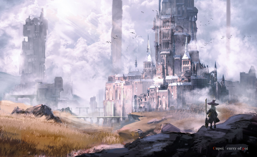 1girl, absurdres, architecture, bird_wings, black_headwear, broom, castle, chigalidepoi