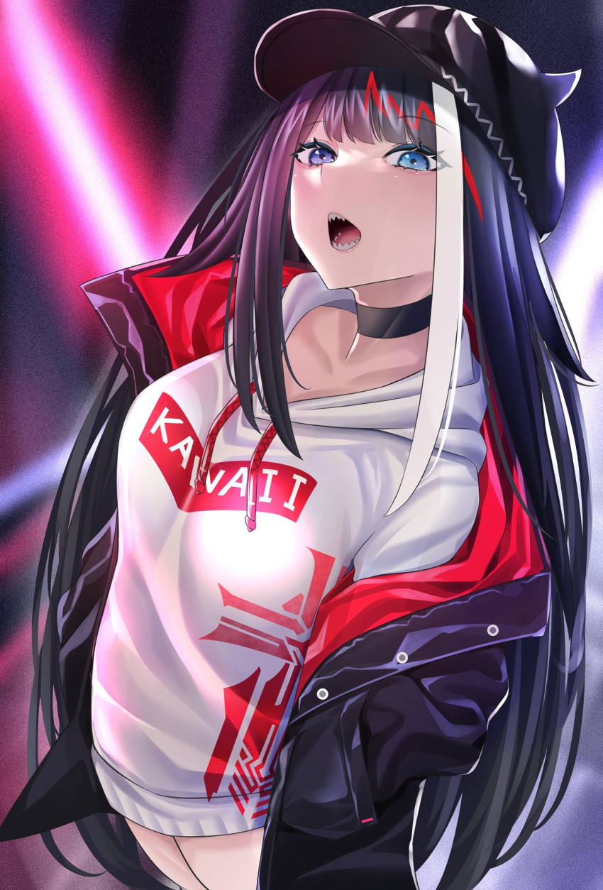 1girl, alternate_costume, azur_lane, black_hair, blue_eyes, breasts, collarbone, deutschland_(azur_lane), female, hat, highres, keishi_surota, long_hair, looking_at_viewer, medium_breasts, open_mouth, sharp_teeth, solo, tongue