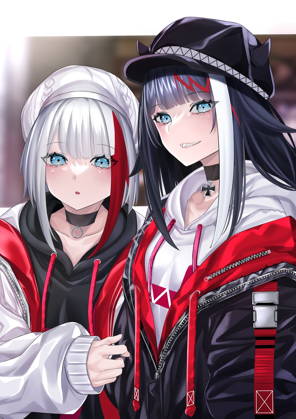 2girls, admiral_graf_spee_(azur_lane), alternate_costume, azur_lane, black_hair, blue_eyes, blush, collarbone