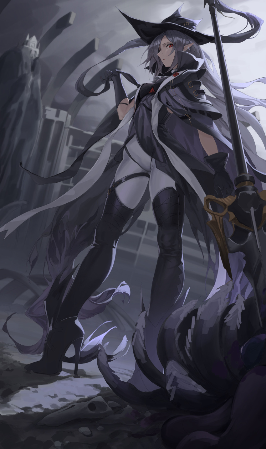 1girl, absurdres, arknights, ascot, black_cape, black_dress, black_footwear, black_gloves
