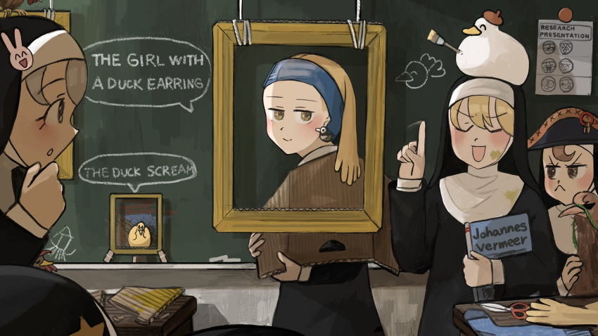 6+girls, :<, :d, :o, animal_on_head, beret, bicorne, bird