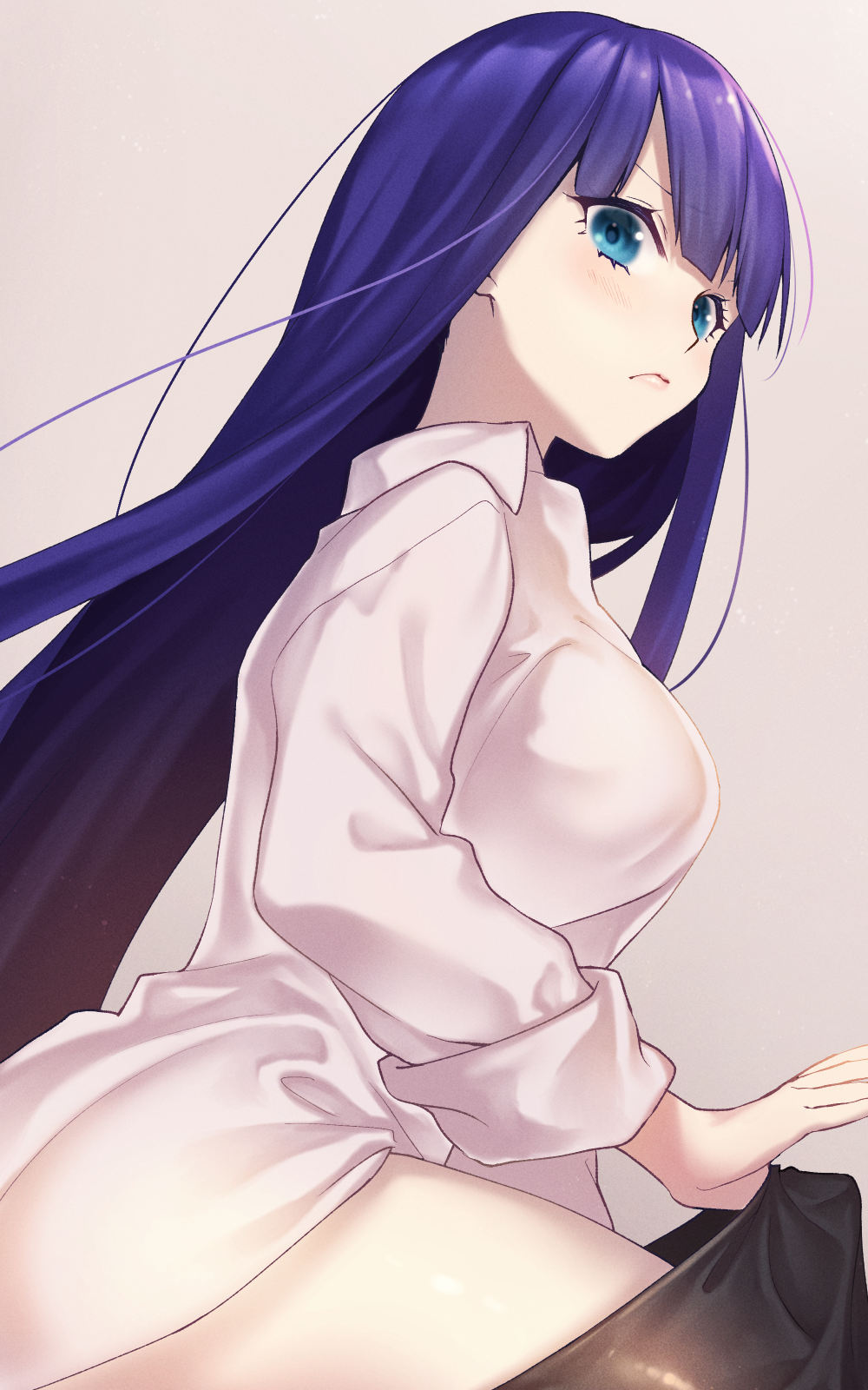1girl, bangs, blue_eyes, blunt_bangs, blush, breasts, collared_shirt, dress_shirt