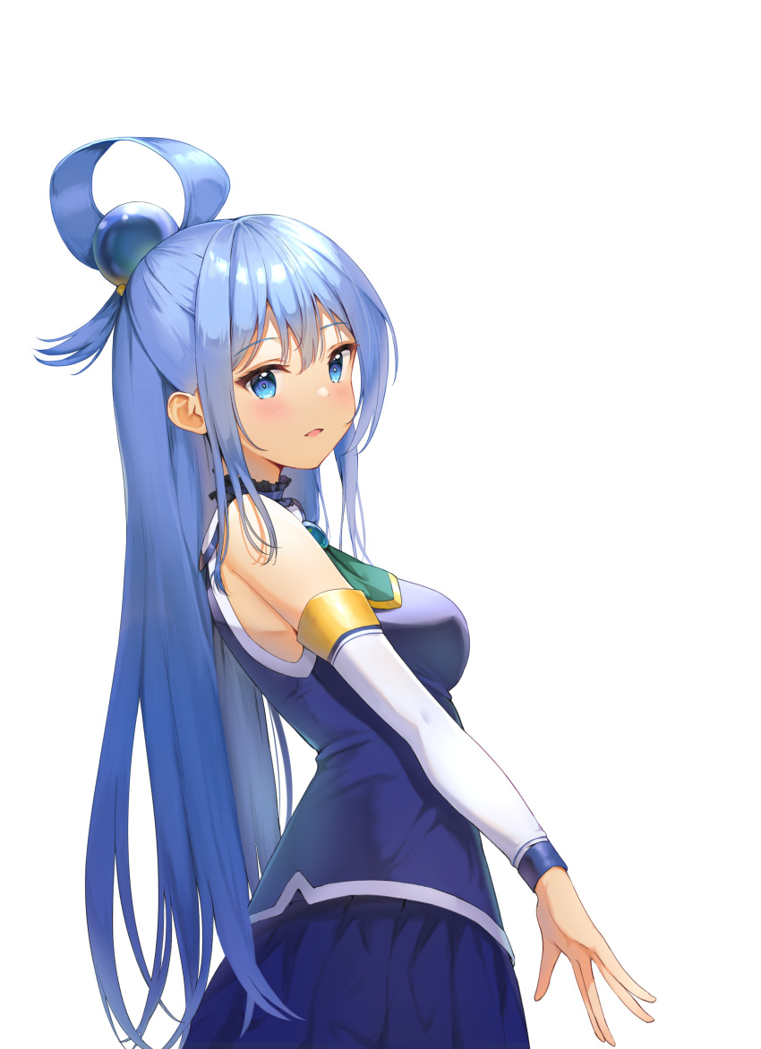 1girl, absurdres, aqua_(konosuba), bangs, bare_shoulders, blue_eyes, blue_hair, blue_shirt