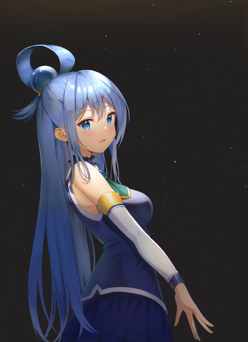 1girl, absurdres, aqua_(konosuba), bangs, bare_shoulders, blue_eyes, blue_hair, blue_shirt