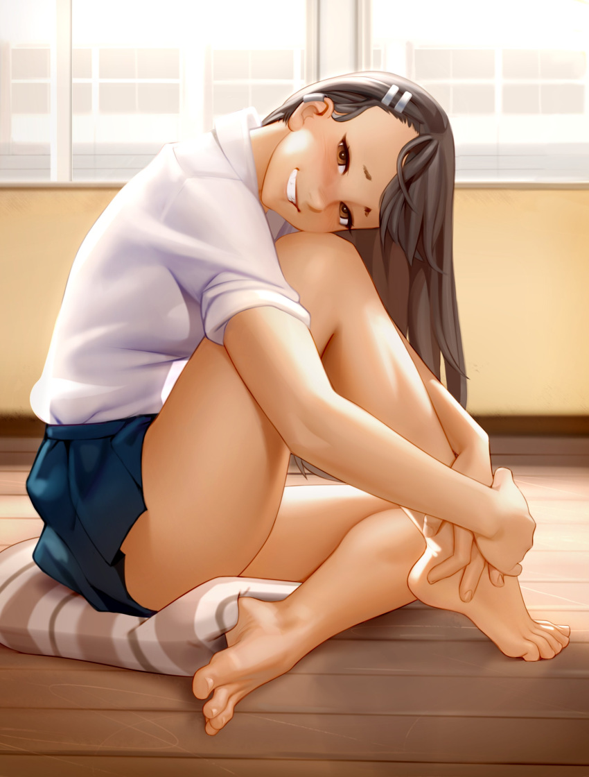 1girl, absurdres, asymmetrical_bangs, bangs, barefoot, black_hair, blue_skirt, blush
