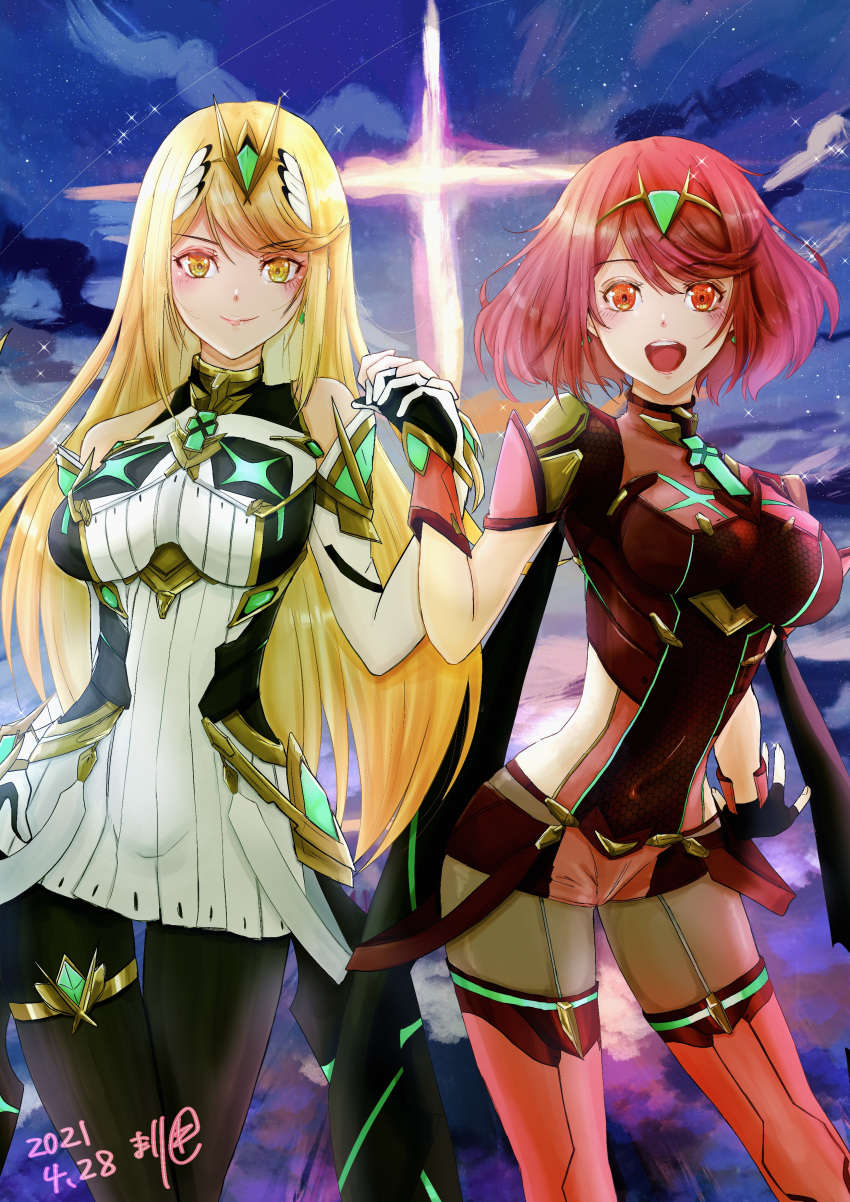 2girls, absurdres, bangs, black_gloves, blonde_hair, breasts, chest_jewel, dress