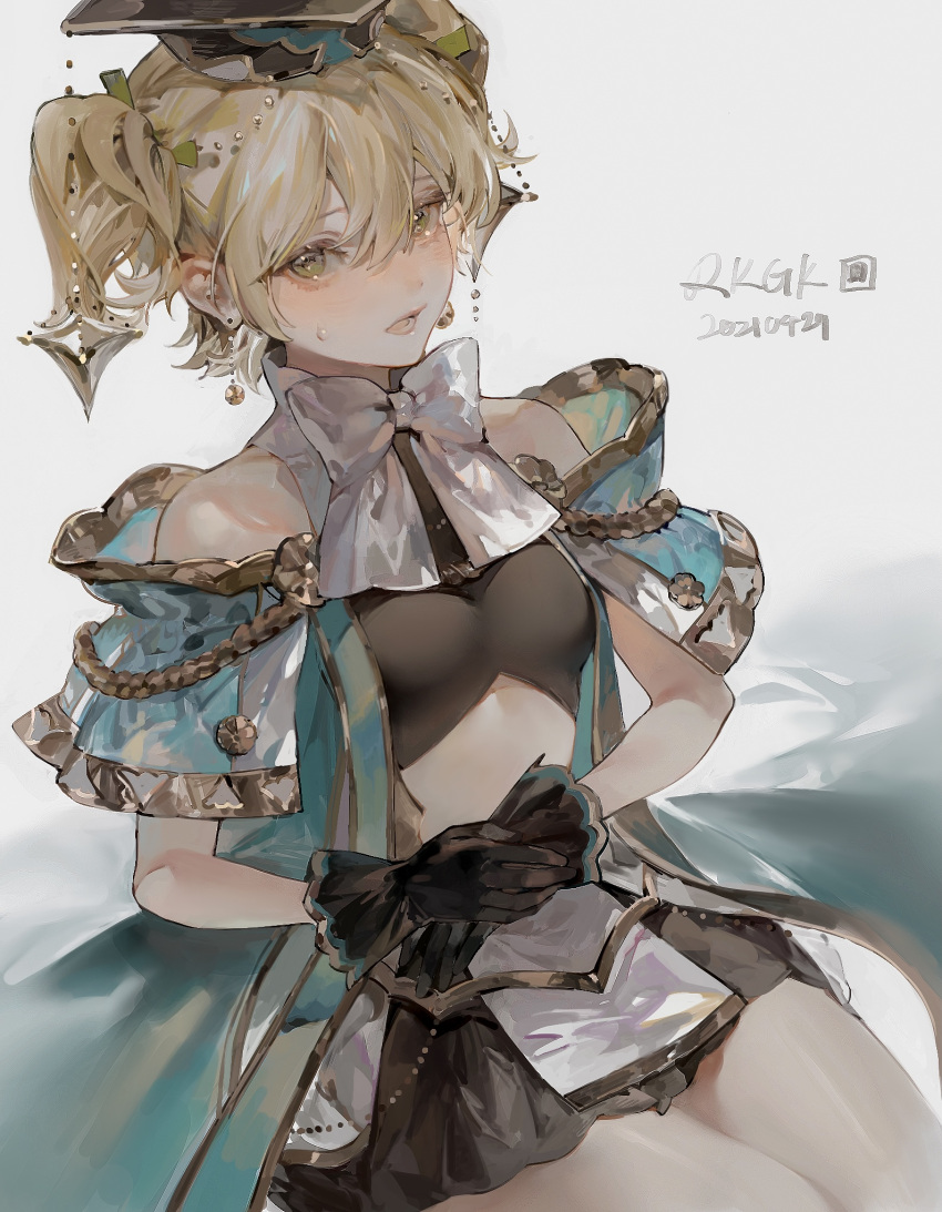 1girl, aqua_cloak, aqua_sleeves, bangs, bare_shoulders, black_dress, black_gloves, black_headwear