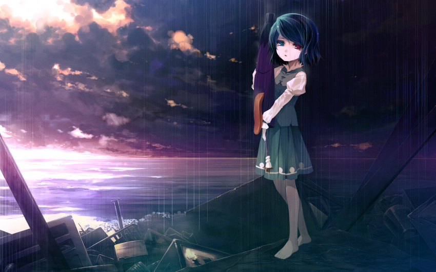 blue_hair, broken, chinchickrin, heterochromia, highres, karakasa, karakasa_obake, lonely