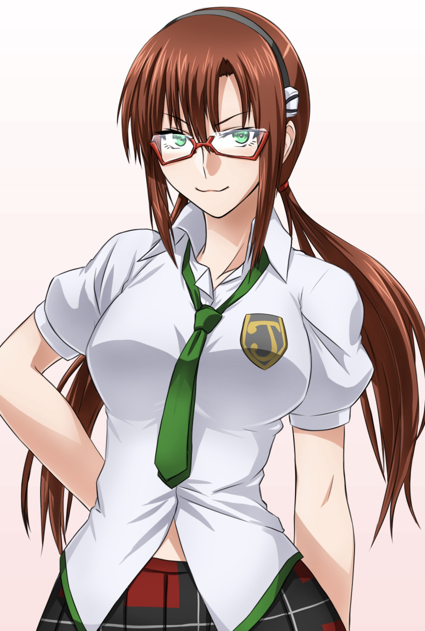 1girl, absurdres, akito_(sub707), breasts, brown_hair, glasses, green_eyes, green_neckwear