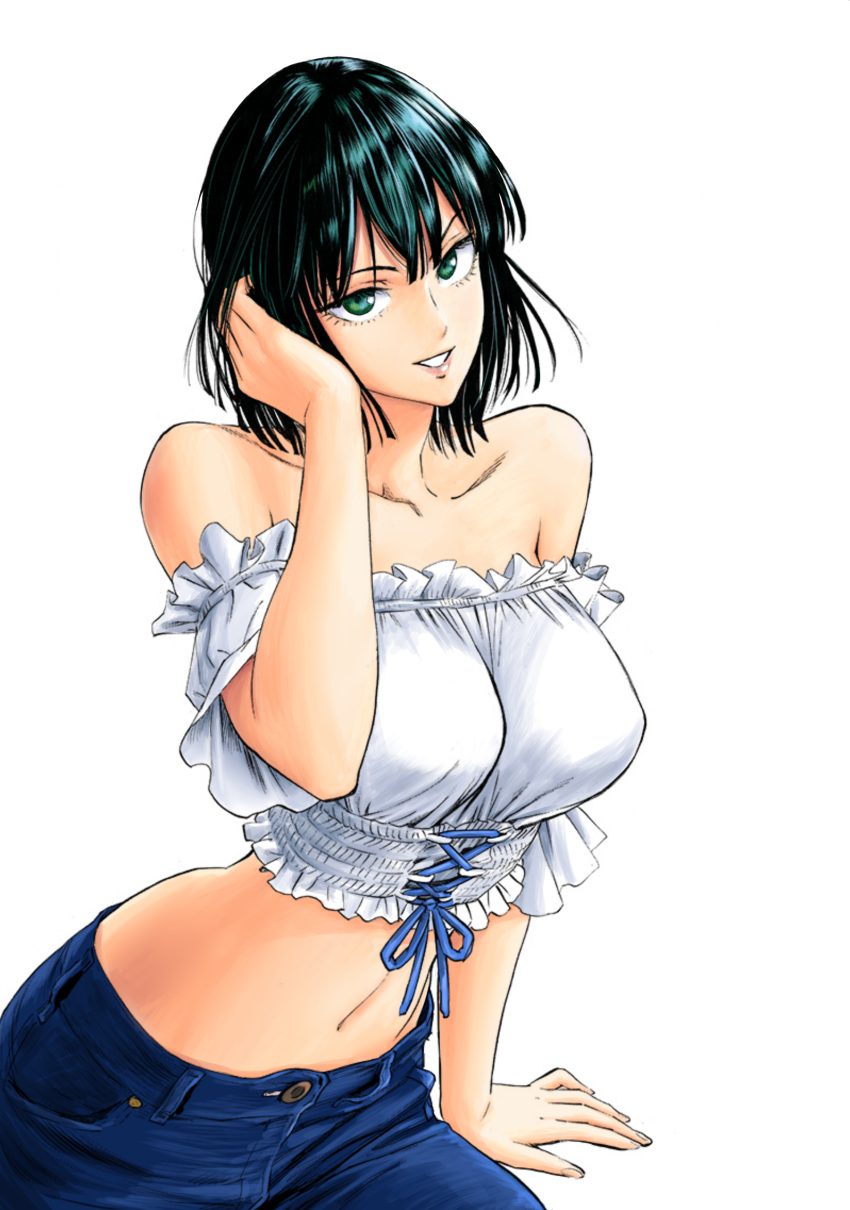 1girl, absurdres, bare_shoulders, black_hair, blue_pants, breasts, cowboy_shot, crop_top, frilled_shirt, frills, fubuki_(one-punch_man), green_eyes, hand_up, highres, hkhk0726, large_breasts, looking_at_viewer, medium_hair, midriff, navel, off-shoulder_shirt, off_shoulder, one-punch_man, pants, parted_lips, shirt, short_sleeves, simple_background, smile, solo, white_background, white_shirt