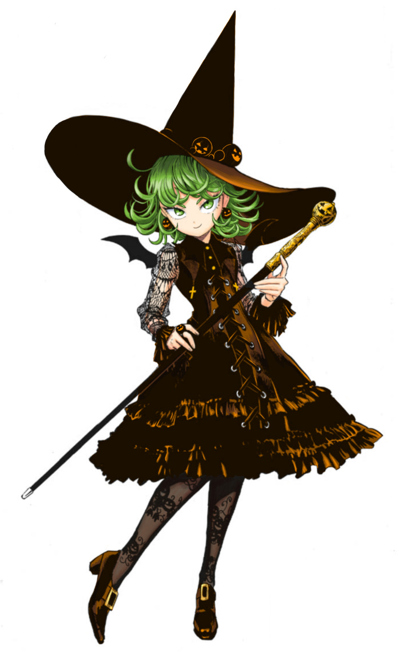 1girl, alternate_costume, bat_wings, black_dress, black_headwear, brown_footwear, cosplay, dress, full_body, green_eyes, green_hair, hat, highres, hkhk0726, holding, holding_staff, jewelry, long_sleeves, looking_at_viewer, medium_hair, one-punch_man, ring, shoes, simple_background, smile, solo, staff, tatsumaki, white_background, wings, witch, witch_hat