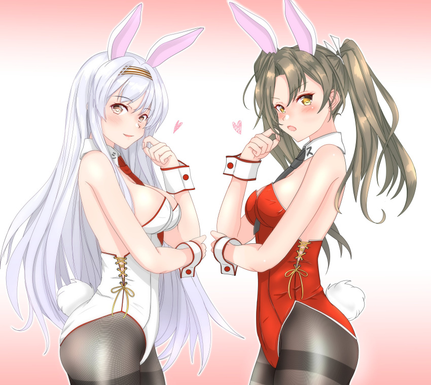 2girls, alternate_costume, animal_ears, black_legwear, black_neckwear, breasts, brown_eyes, bunny_tail