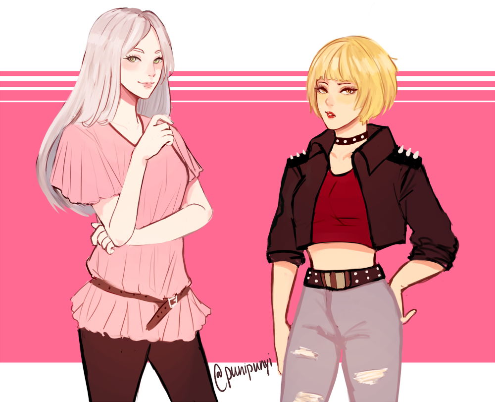 2girls, alternate_costume, alternate_hair_color, belt, belt_buckle, black_pants, blonde_hair, blouse