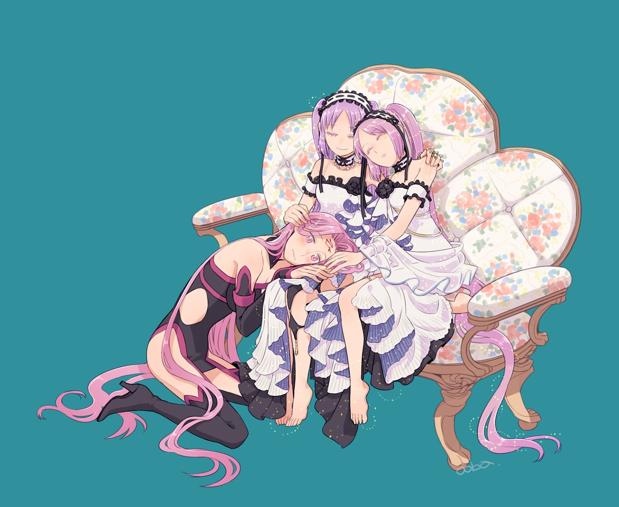 3girls, arm_around_shoulder, barefoot, blush, boots, choker, closed_eyes, dress
