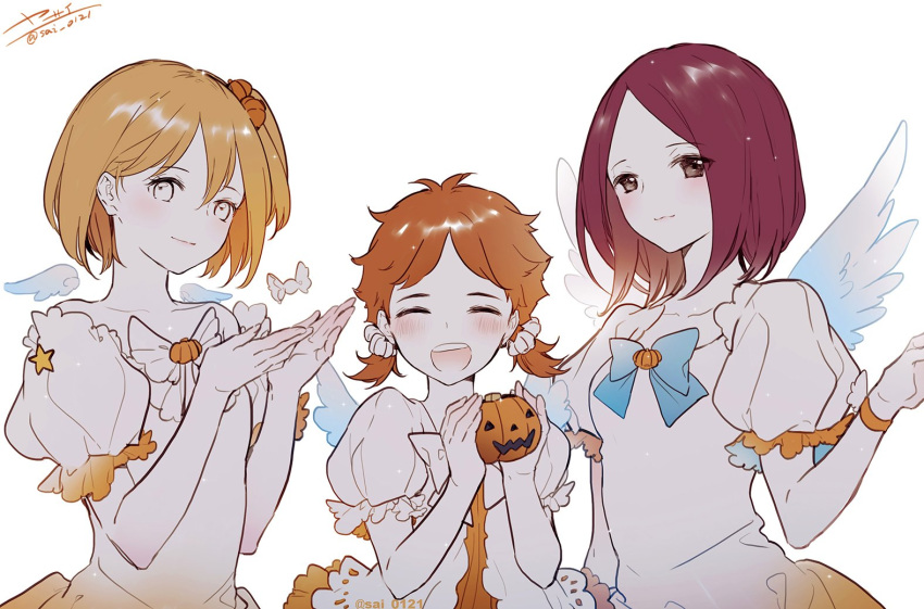 3girls, age_difference, alternate_costume, angel, angel_wings, blonde_hair, blush, bow, brown_hair, candy, dress, food, grin, haikyuu!!, hair_ornament, halloween, halloween_costume, hands_up, height_difference, hinata_natsu, jack-o'-lantern, looking_at_viewer, low_twintails, mini_wings, multiple_girls, orange_hair, puffy_short_sleeves, puffy_sleeves, pumpkin, shirofuku_yukie, short_hair, short_sleeves, simple_background, smile, standing, twintails, upper_body, white_background, white_dress, wings, wristband, yachi_hitoka, yasai_(getsu)