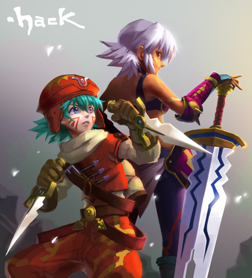 .hack//, .hack//games, 1boy, 1girl, armor, bare_shoulders, bikini_armor, black_rose_(.hack//), closed_mouth, dark_skin, dark-skinned_female, facial_mark, gloves, hat, highres, kite_(.hack//), knife, looking_at_viewer, n20u28, pantyhose, red_eyes, short_hair, smile, sword, tattoo, weapon