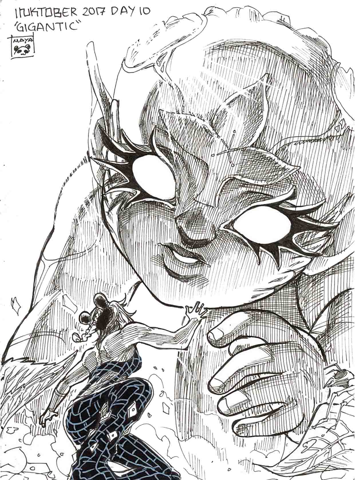 1girl, 1other, all_fours, ant, artist_logo, artist_name, blank_eyes, braid, braided_ponytail, bug, commentary, dated, double_bun, dust_cloud, english_commentary, english_text, eyelashes, facing_away, green_baby_(jojo), hatching_(texture), highres, inktober, insect, jojo_no_kimyou_na_bouken, kujo_jolyne, leaf, linear_hatching, looking_at_another, looking_down, looking_up, maya_panda, minigirl, monochrome, multicolored_hair, one_knee, pointy_ears, size_difference, spot_color, stone_ocean, sunlight, traditional_media, two-tone_hair