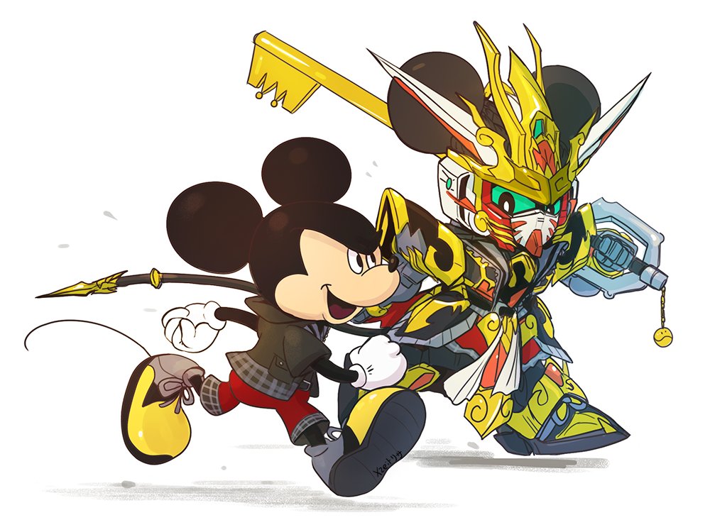 2boys, animal_ears, black_eyes, black_jacket, chibi, clenched_hands, colored_sclera, crossover, disney, gloves, green_sclera, gundam, holding, holding_weapon, jacket, keyblade, kingdom_hearts, mickey_mouse, mouse, mouse_ears, multiple_boys, open_mouth, red_shorts, running, science_fiction, sd_gundam, sd_gundam_world_heroes, shorts, v-fin, weapon, white_background, white_gloves, wukong_impulse_gundam, xzeit