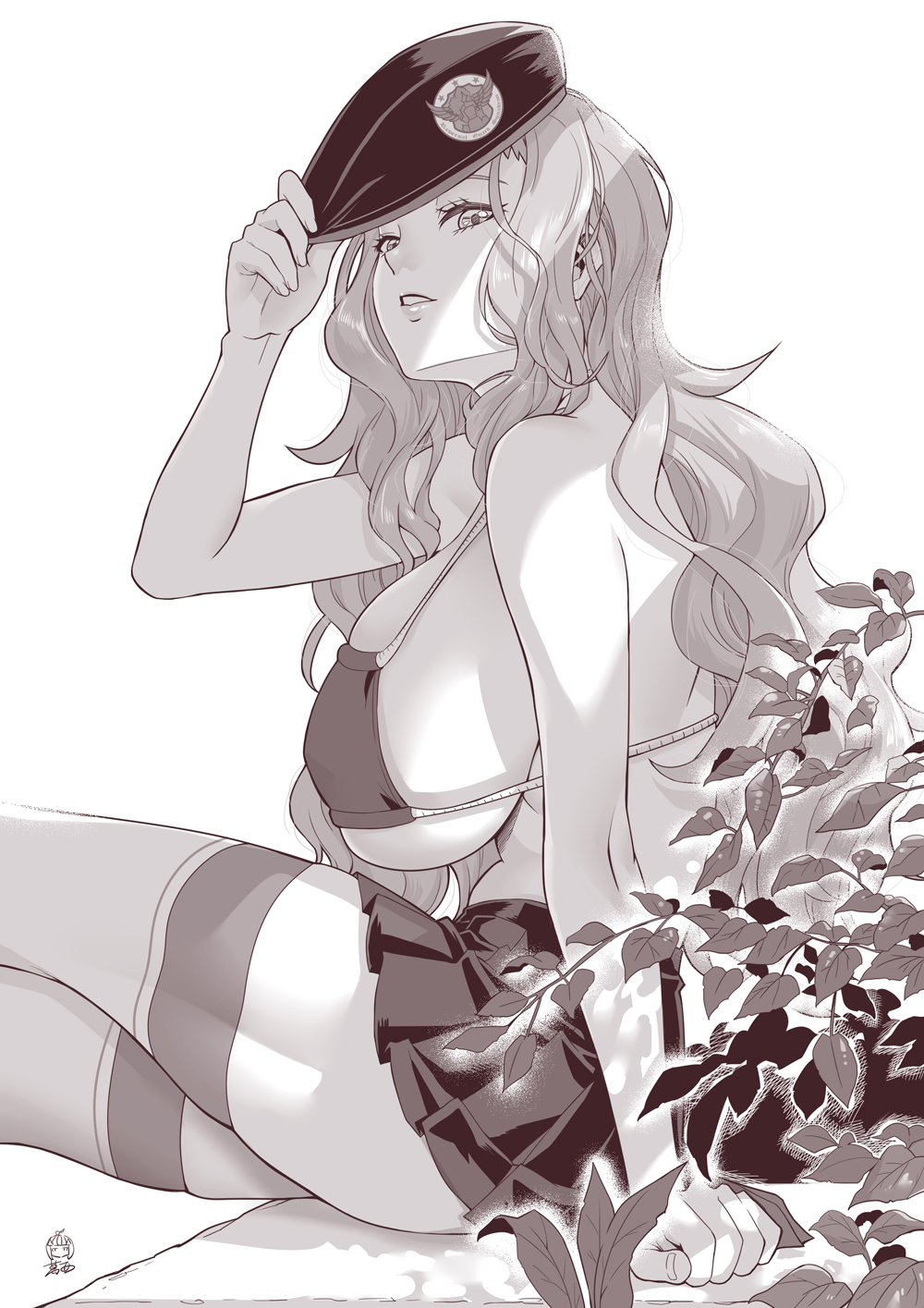 arm_support, bare_shoulders, bikini, bikini_top, breasts, cecilia_campbell, ge_xi, greyscale