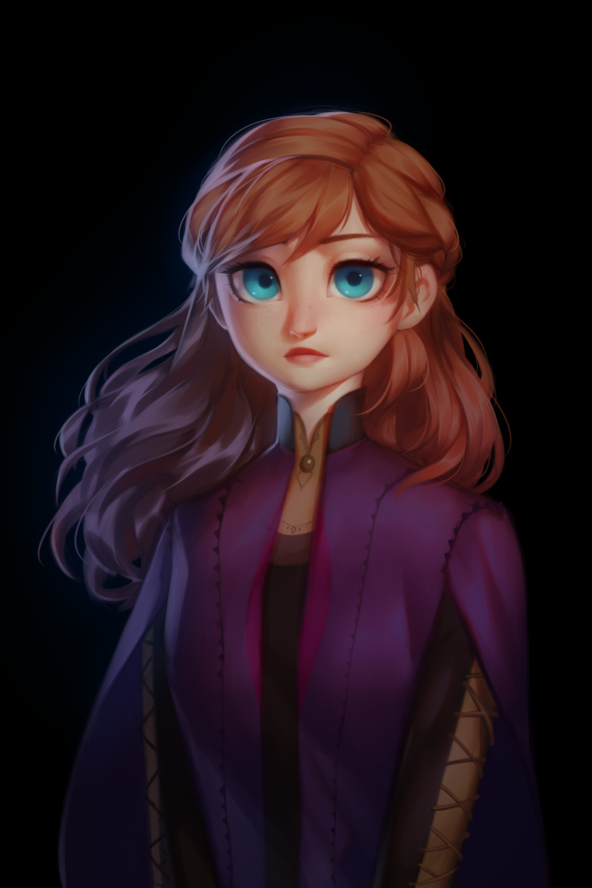 1girl, absurdres, anna_(frozen), bangs, black_background, blue_eyes, brown_hair, disney