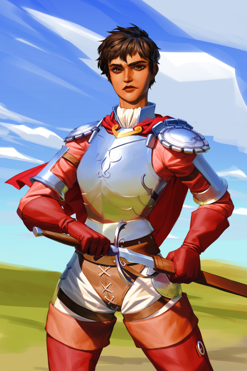 1girl, absurdres, armor, berserk, boots, brown_eyes, brown_hair, cape