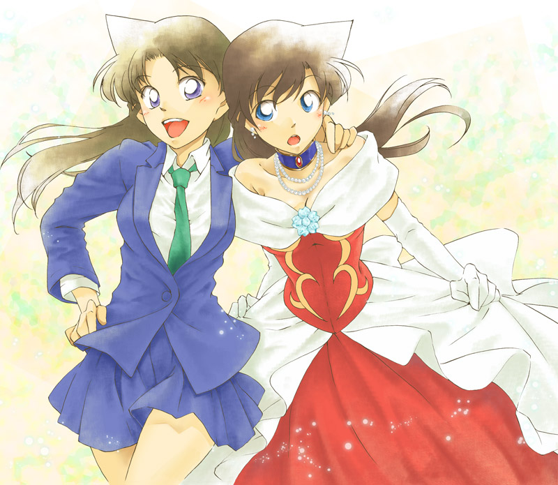 brown_hair, choker, crossover, detective_conan, dress, elbow_gloves, gloves, hug