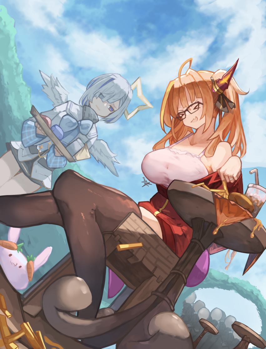 >o<, 2girls, ahoge, amane_kanata, angel, angel_wings, animal_ears, asymmetrical_hair