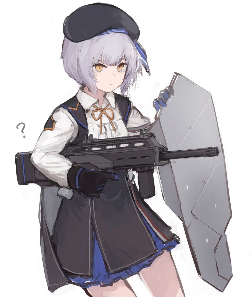 1girl, ?, beret, frilled_shirt, frills, girls_frontline, gun, hat