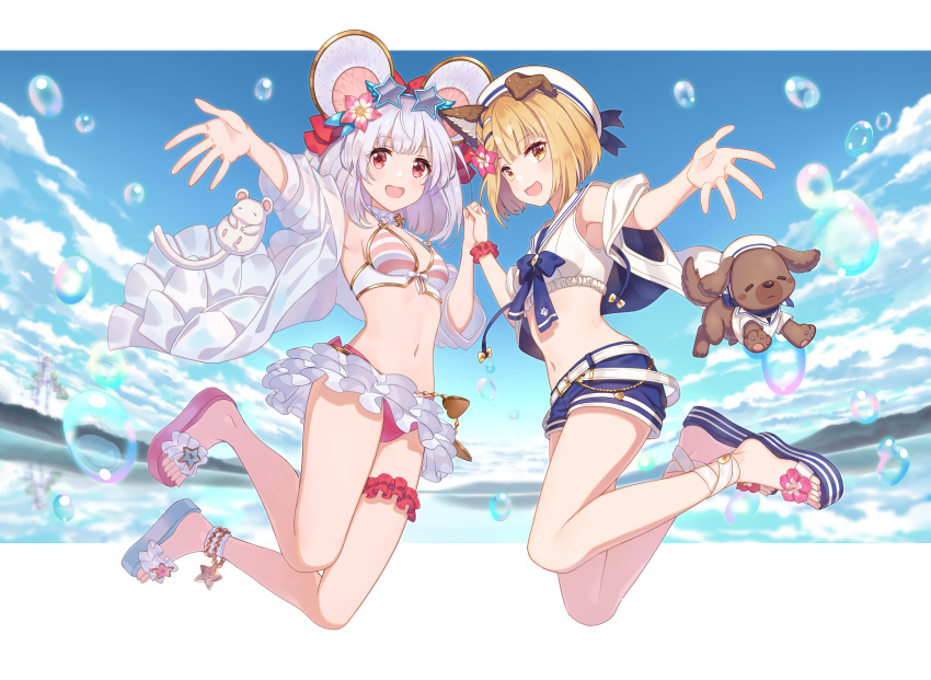 2girls, :d, animal_ears, anklet, arm_up, bangs, bare_legs, belt