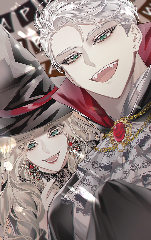 1boy, 1girl, :d, alternate_costume, black_cloak, black_nails, black_vest, blonde_hair
