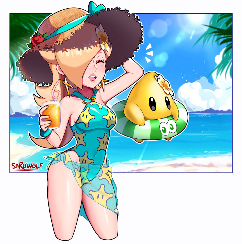1girl, 1other, absurdres, blonde_hair, breasts, casual_one-piece_swimsuit, closed_eyes, covered_navel