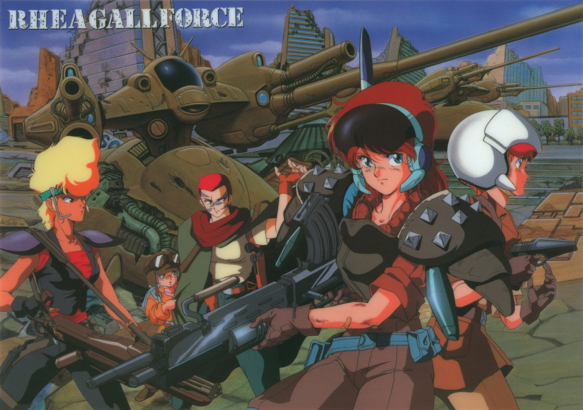 1990s_(style), 5girls, aqua_eyes, armor, blonde_hair, brown_hair, copyright_name, dark_skin