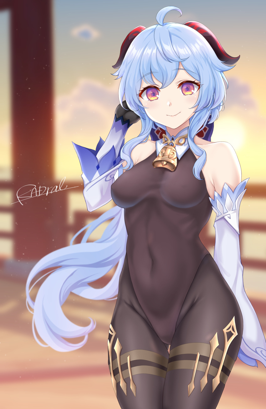 1girl, absurdres, ahoge, armpit_crease, bare_shoulders, bell, black_gloves, blue_hair, blurry, breasts, brown_legwear, brown_leotard, covered_navel, cowbell, cowboy_shot, depth_of_field, detached_collar, detached_sleeves, ganyu_(genshin_impact), genshin_impact, giisu, gloves, goat_horns, groin, hand_up, highres, horns, leotard, long_hair, long_sleeves, looking_at_viewer, low_ponytail, medium_breasts, outdoors, pantyhose, pink_eyes, smile, solo, standing, very_long_hair