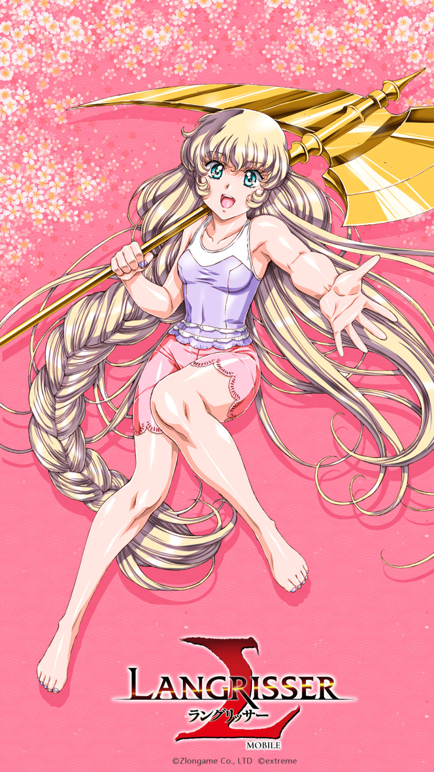 1girl, bangs, barefoot, blonde_hair, blue_eyes, braid, character_request, copyright