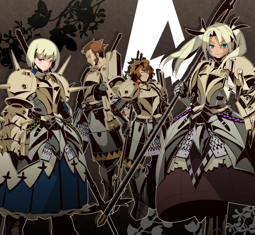 armored_dress, artist_request, blue_eyes, blush, bob_cut, brown_hair, gauntlets, halberd