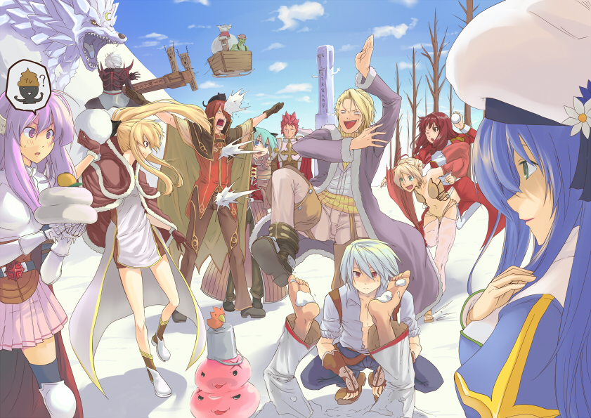 5girls, 6+boys, :3, animal_ears, armor, armored_boots, asymmetrical_hair, bangs