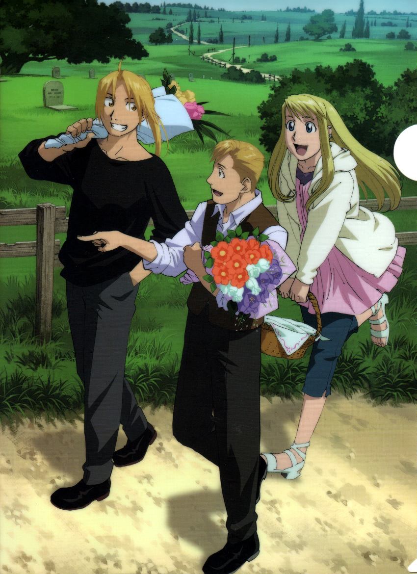 1girl, 2boys, alphonse_elric, artist_request, bangs, basket, beige_hoodie, black_footwear